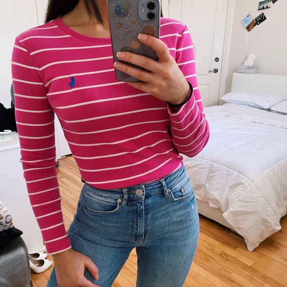 Polo Ralph Lauren Tops - PINK AND WHITE POLO RALPH LAUREN LONG SLEEVES TOP SMALL